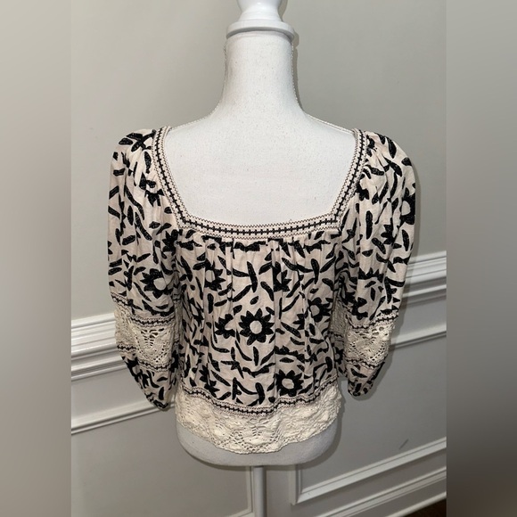 Christian Siriano Boho Linen Blend Crochet Trim Top Sz S - Picture 4 of 10